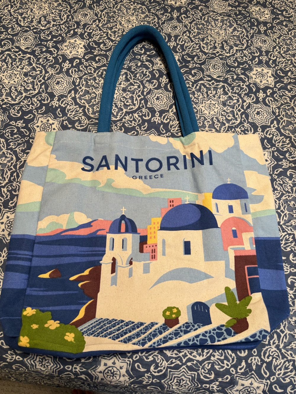 Santorini Greece Canvas Travel Tote Bag in Blue
